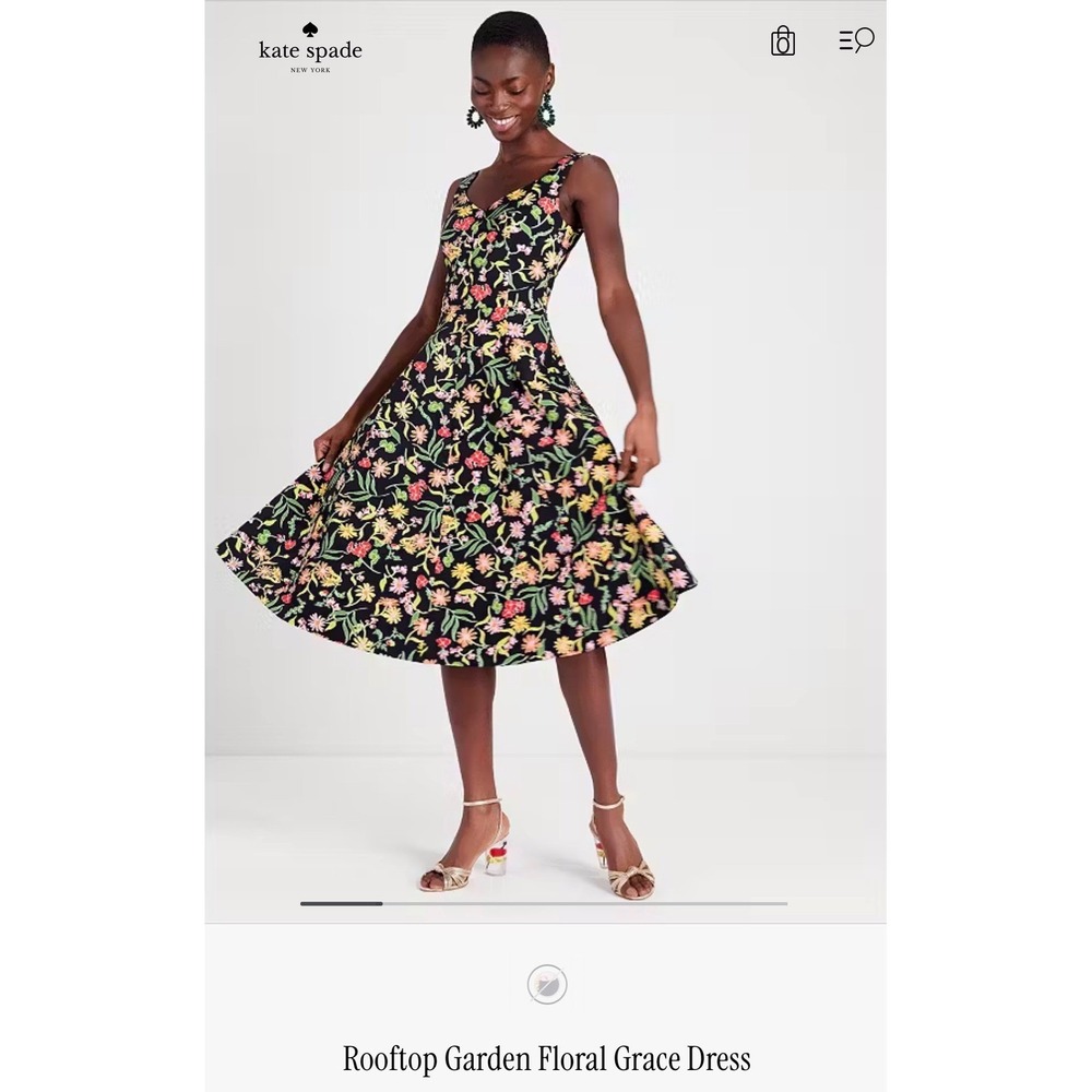 Kate Spade Rooftop Garden Floral Grace Dress Black Midi Fit Flare Sz 10 NEW - Picture 2 of 16